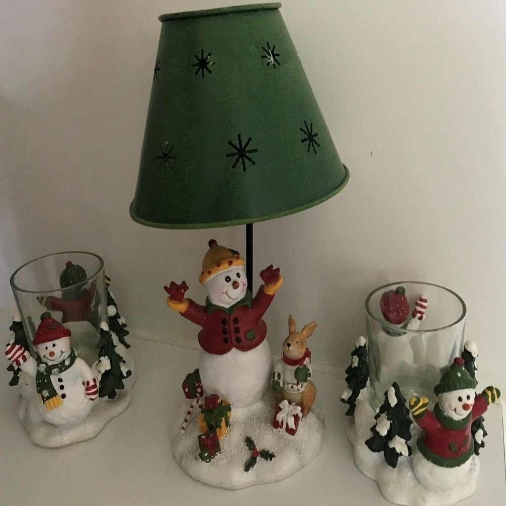 YANKEE CANDLE Christmas Holiday 3 Piece Set Snowman Votive Holders Tealight Lamp